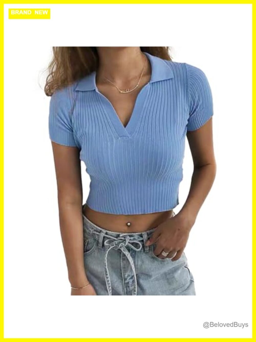 Womens Ribbed Knit Crop Polo Shirt Short Sleeve V Neck Slim Fit Top
